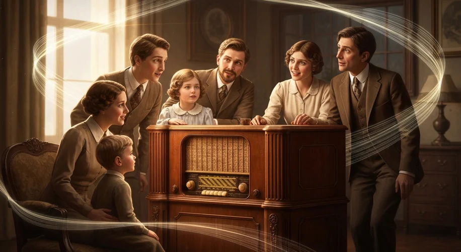 An early 20th-century scene with a family gathered around a large, wooden radio console, listening i