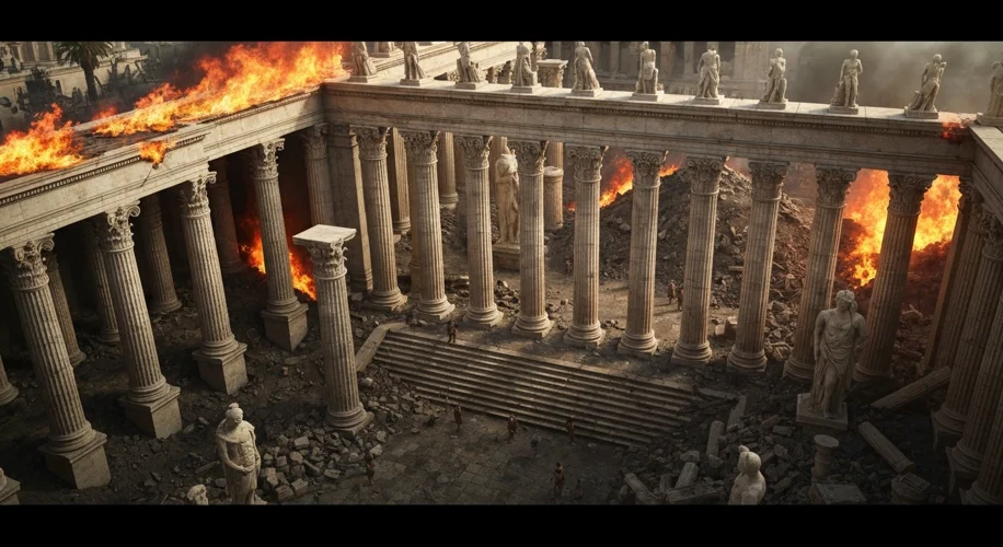 An artist's rendition of the Domus Aurea, Emperor Nero's lavish palace in Rome, being constructed am