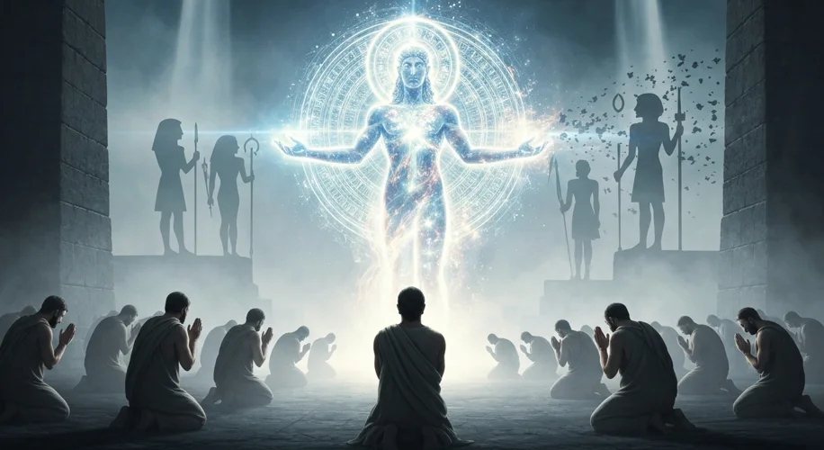 A dramatic depiction of ancient Israelites praying to a powerful, yet abstract, representation of Ya