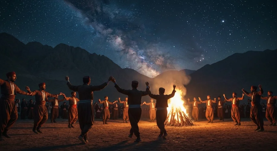 A vibrant Kurdish Newroz celebration with people dancing in traditional clothing around a bonfire un