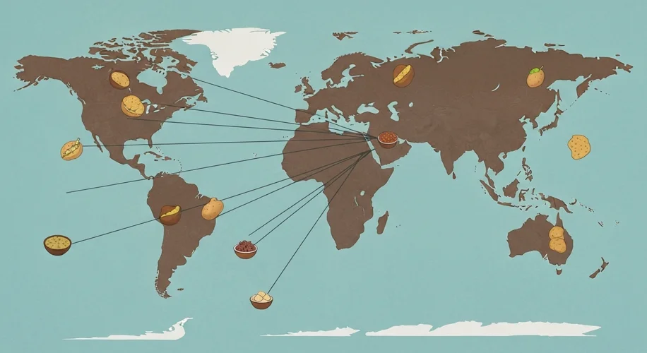 A world map with lines radiating from South America, illustrating the global spread of the potato, w