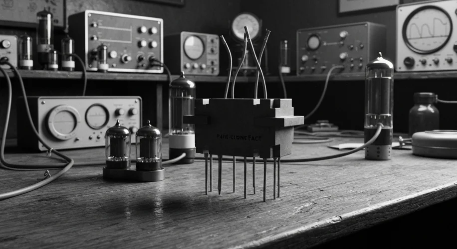 A black and white photograph showing the first point-contact transistor, a small piece of germanium 