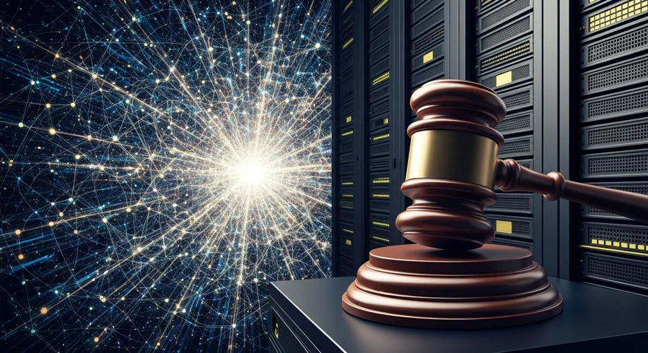 A split image: on one side, a digital representation of the internet with glowing lines of data; on 