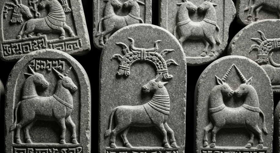 Close-up of intricately carved Indus Valley Civilization seals, depicting animals like bulls and uni