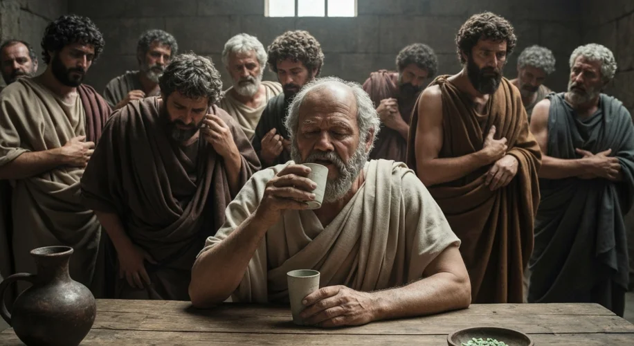 A somber scene inside a prison cell in ancient Athens, showing Socrates calmly drinking from a cup o