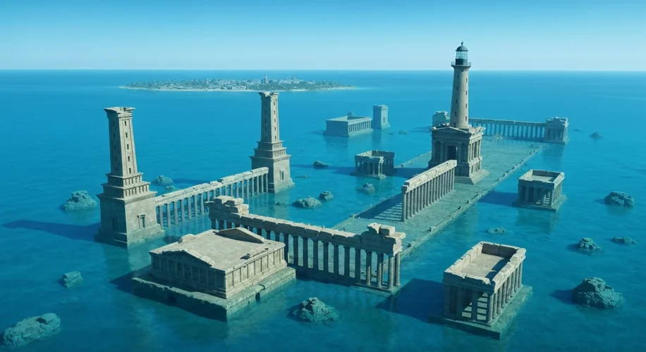 An overhead view of a partially submerged ancient city with Greek-style architecture, showing temple