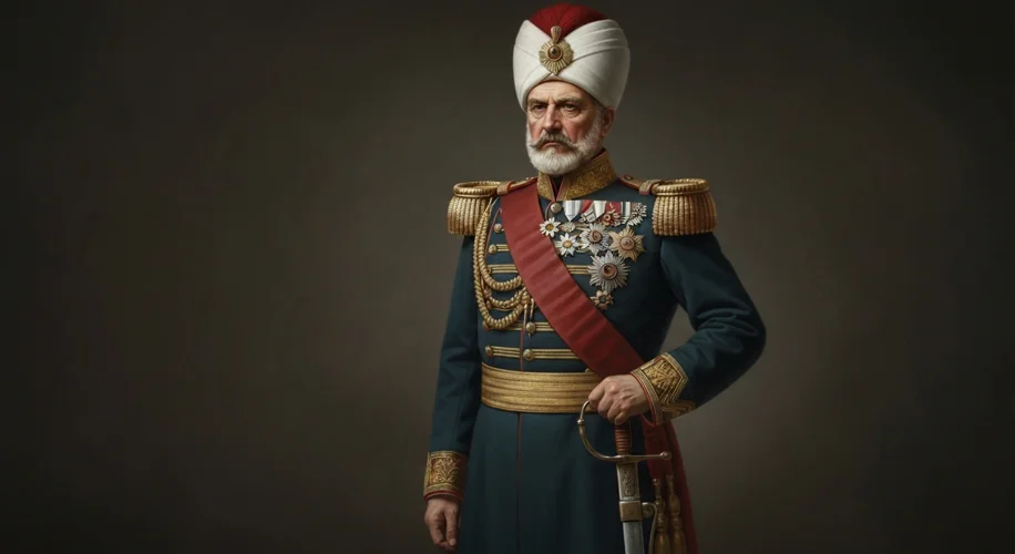 A formal portrait of Mustafa Pasha (formerly Leopold von Coronini), a stern-looking Ottoman general