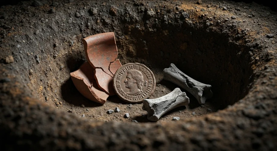 Close-up of archaeological finds from a cremation pit: a broken pottery shard, a corroded Roman coin