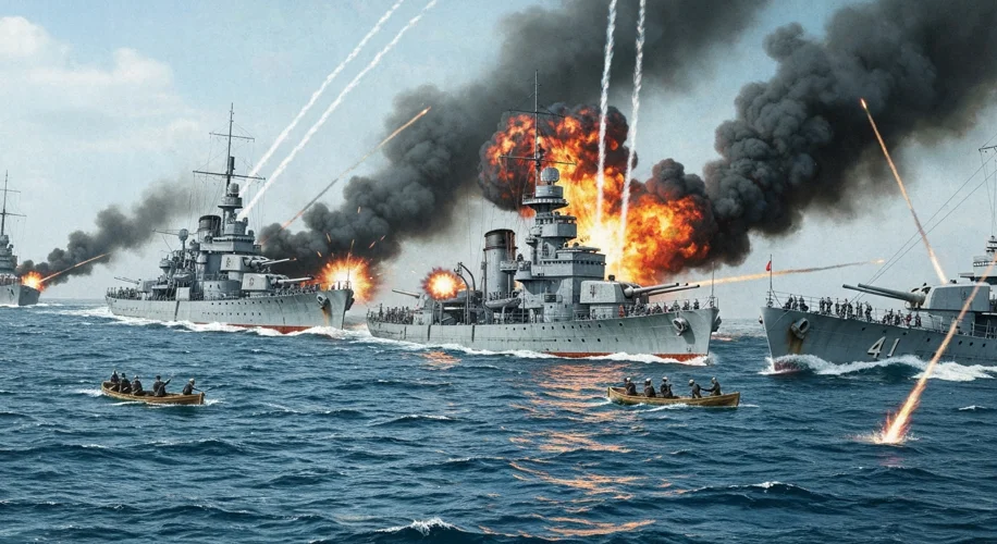 A dramatic naval battle scene during the Sino-Japanese War, with smoke billowing from warships and t