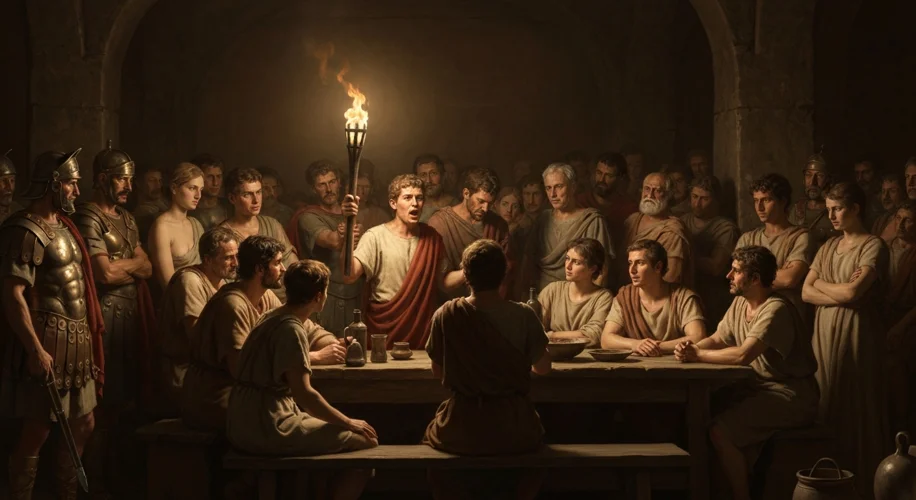 A dimly lit, ancient Roman tavern with diverse individuals – Roman soldiers, merchants, slaves, and 