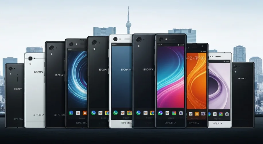 A montage of different Sony Xperia smartphone models from various generations, showcasing their desi