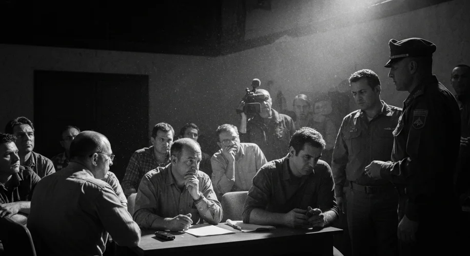 A black and white photo capturing the intense atmosphere of a wartime press briefing. Journalists ar