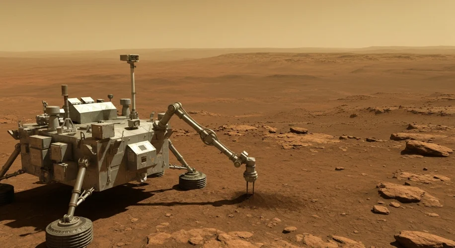 A realistic depiction of the Viking lander on the Martian surface, its robotic arm extended, collect