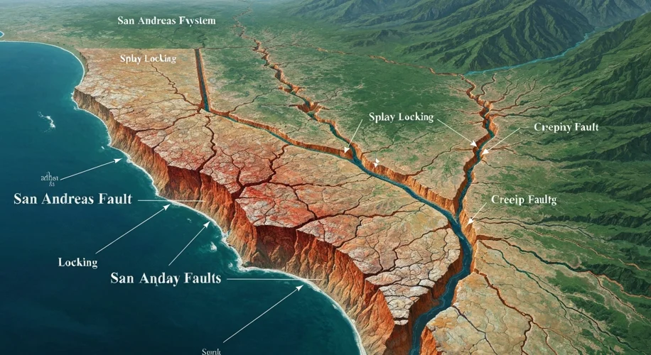 A map of California highlighting the San Andreas Fault system, showing locked segments, creeping seg