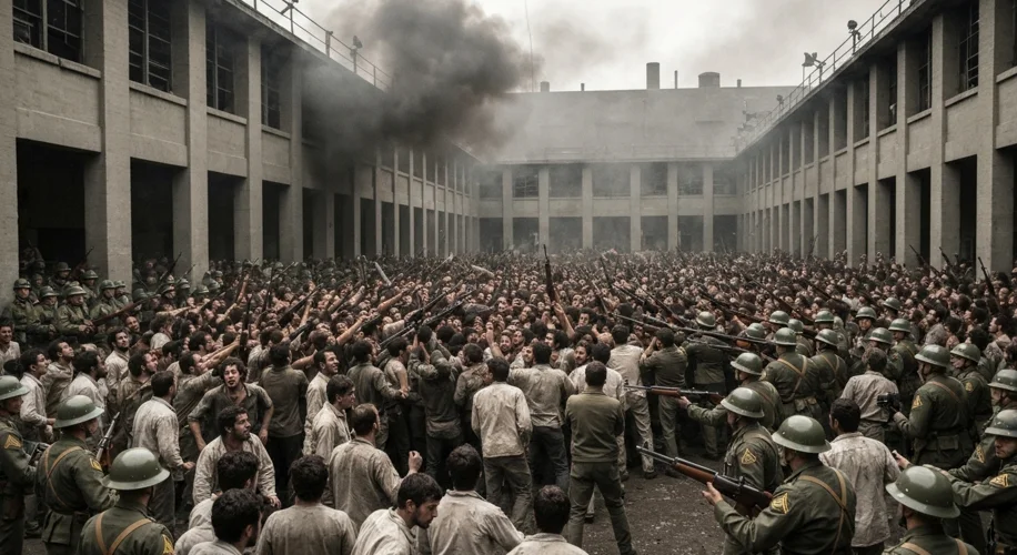 A tense standoff inside Attica prison yard during the 1971 uprising. Inmates are visible, some holdi