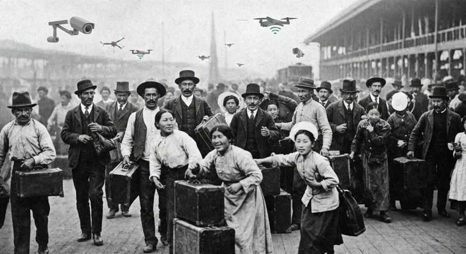 A historical photograph depicting diverse immigrant groups arriving in California during the late 19