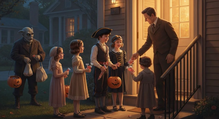 Children in vintage costumes, holding bags, are being given candy by a smiling adult at their doorst