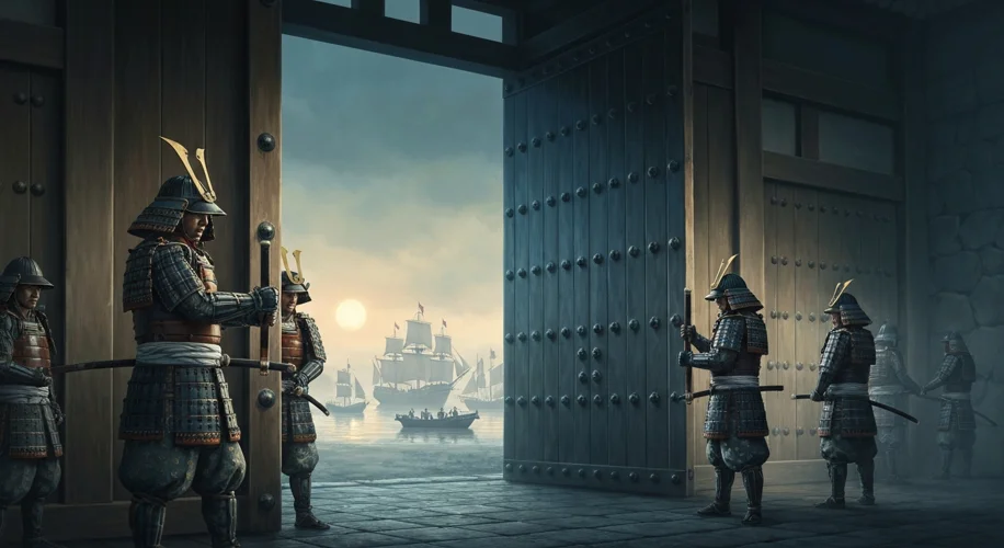 A dramatic painting depicting samurai guards closing the gates of Edo (Tokyo) during the Sakoku peri