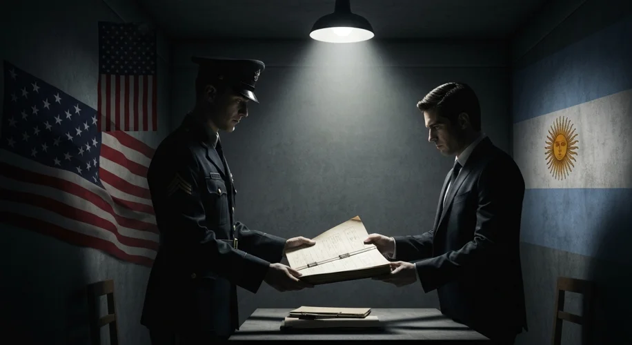 A dimly lit room with US and Argentine flags subtly visible, a shadowy figure in military uniform ha