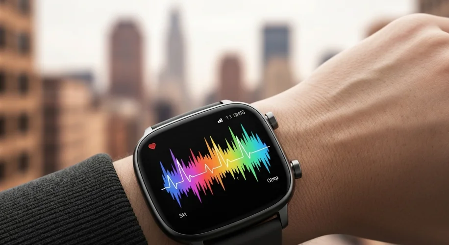 A modern smartwatch displaying a vibrant health dashboard with heart rate and step count, on a perso
