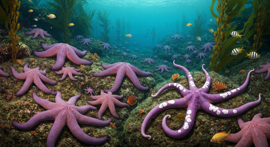 A vibrant underwater scene with healthy sea stars clinging to rocks, contrasted with a few sickly se