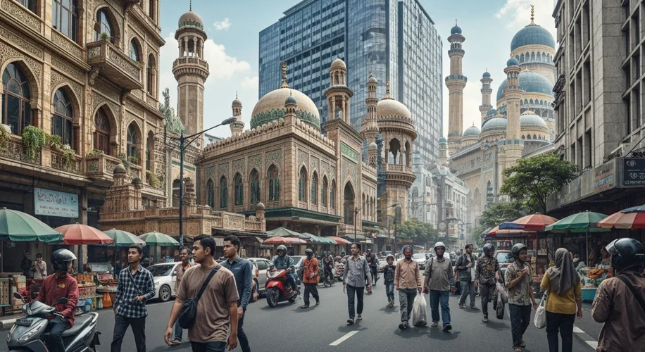 A vibrant, bustling street scene in Jakarta, Indonesia, with diverse people interacting, traditional