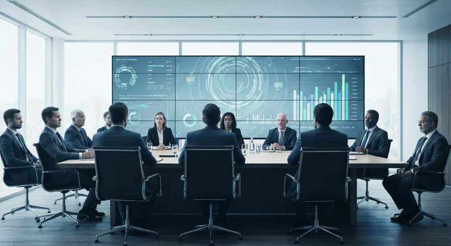 A modern, sleek corporate boardroom with a diverse group of executives looking intently at a large s