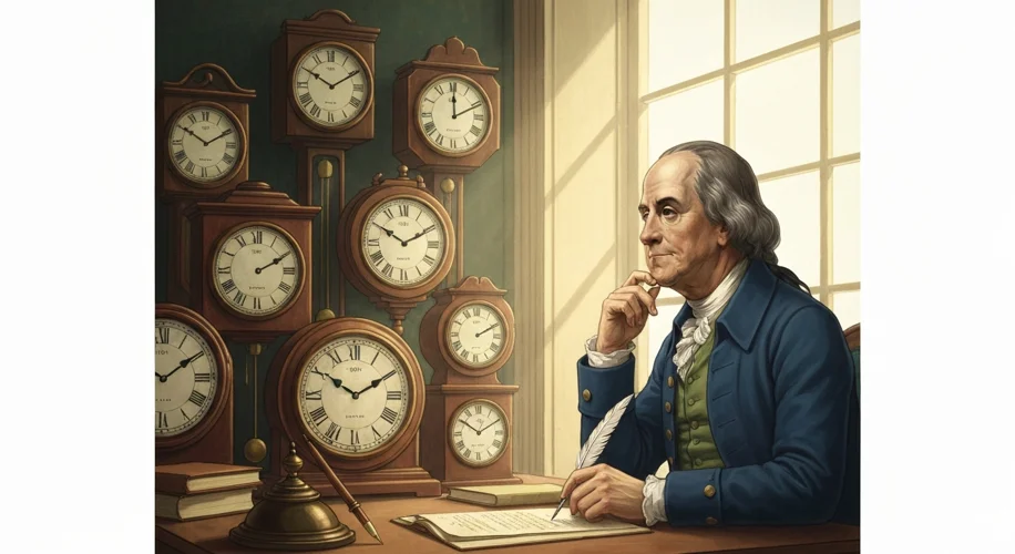 A vintage illustration of Benjamin Franklin in Paris, looking thoughtful with a quill in hand, surro