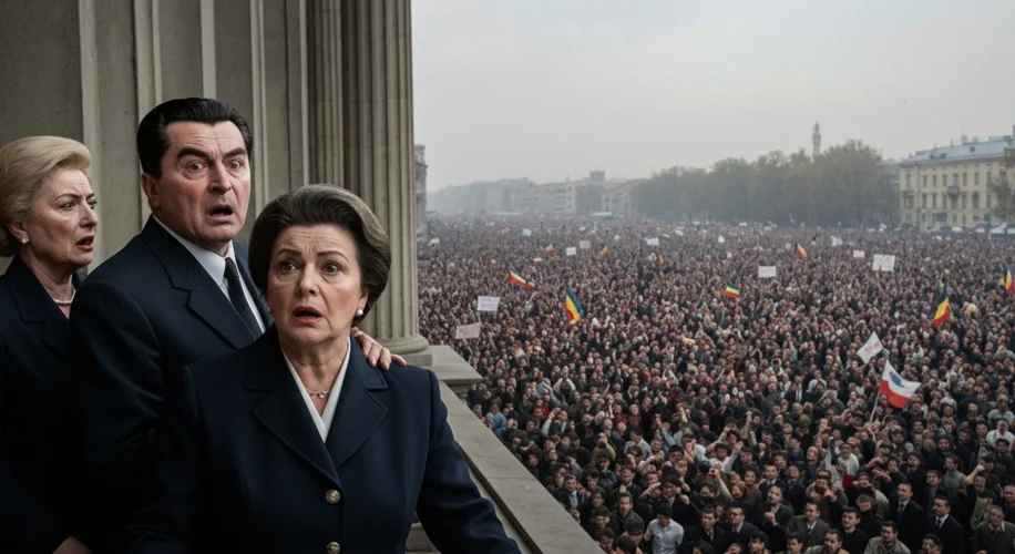 Nicolae Ceaușescu and his wife Elena looking stunned and bewildered on a balcony as an angry crowd p