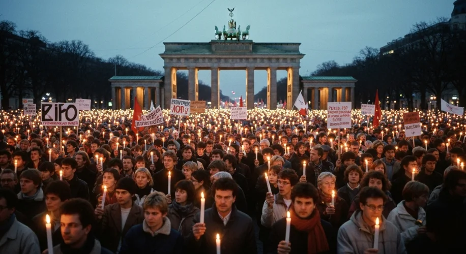 A large, peaceful demonstration in Leipzig, East Germany in late 1989. Thousands of people are holdi