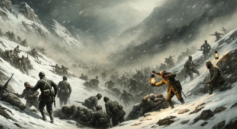 A dramatic scene depicting the disastrous British retreat from Kabul during the First Anglo-Afghan W