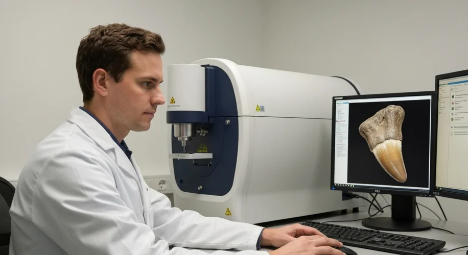 A scientist in a lab coat using a mass spectrometer, with a magnified image of a dinosaur tooth on a