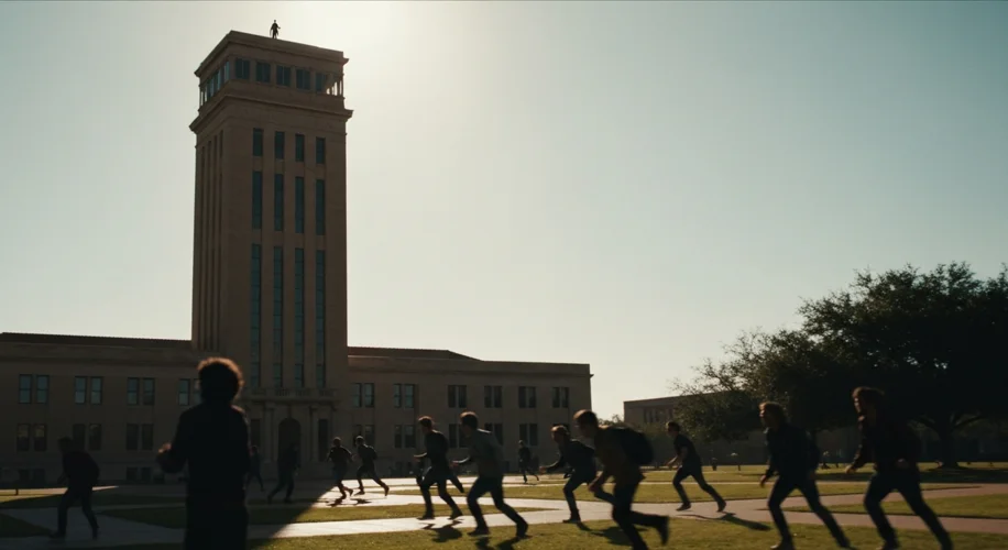 A wide shot of the University of Texas Main Building tower on a sunny day, with a small, shadowy fig