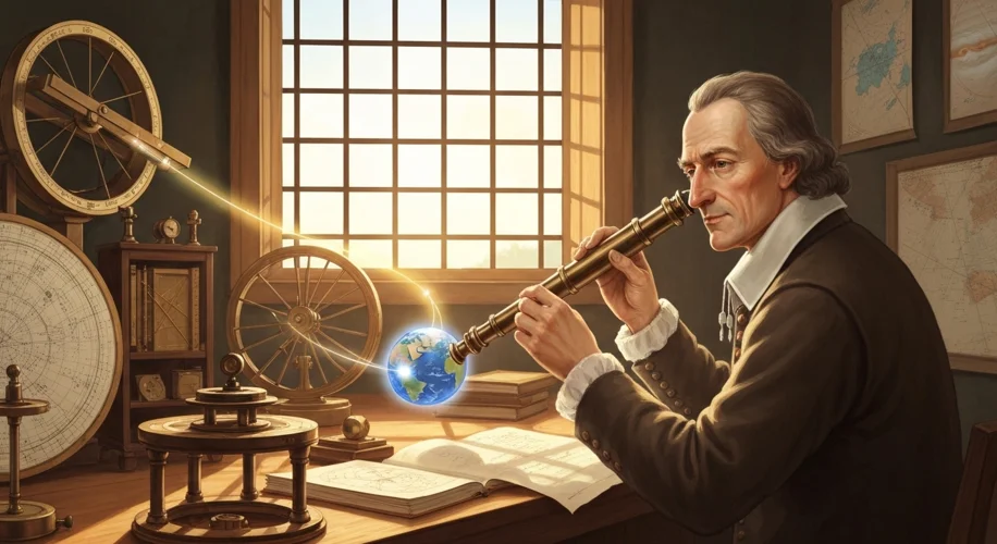 An illustration depicting Ole Rømer observing Jupiter and its moons from an observatory, with a subt