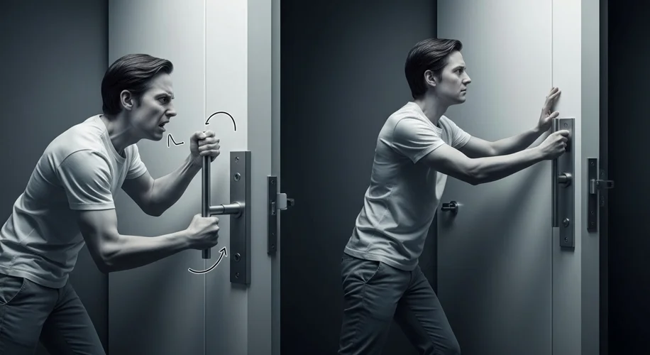 A split image: on the left, a person struggling with a confusingly designed door handle. On the righ