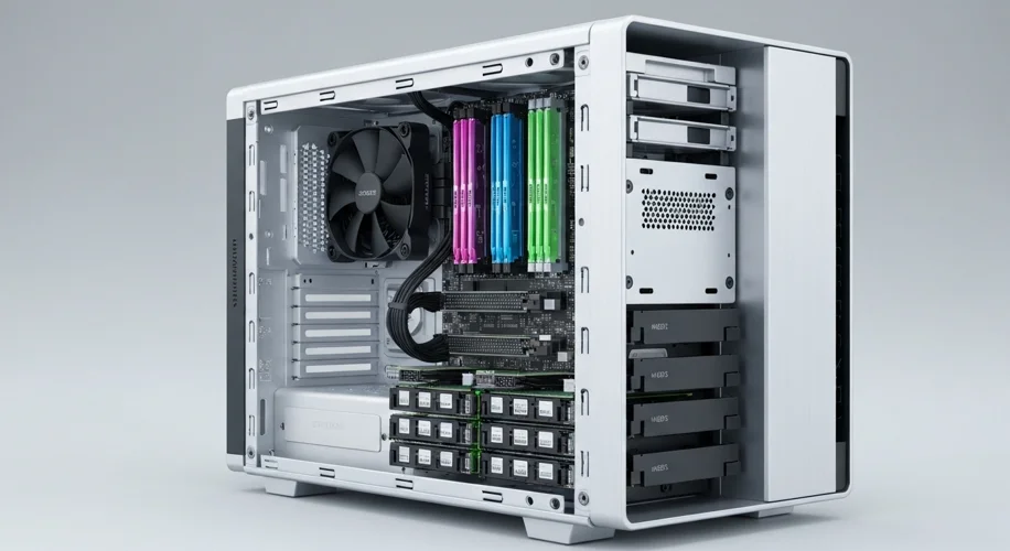 A sleek, modern desktop computer with clearly visible, modular components like RAM sticks, storage d