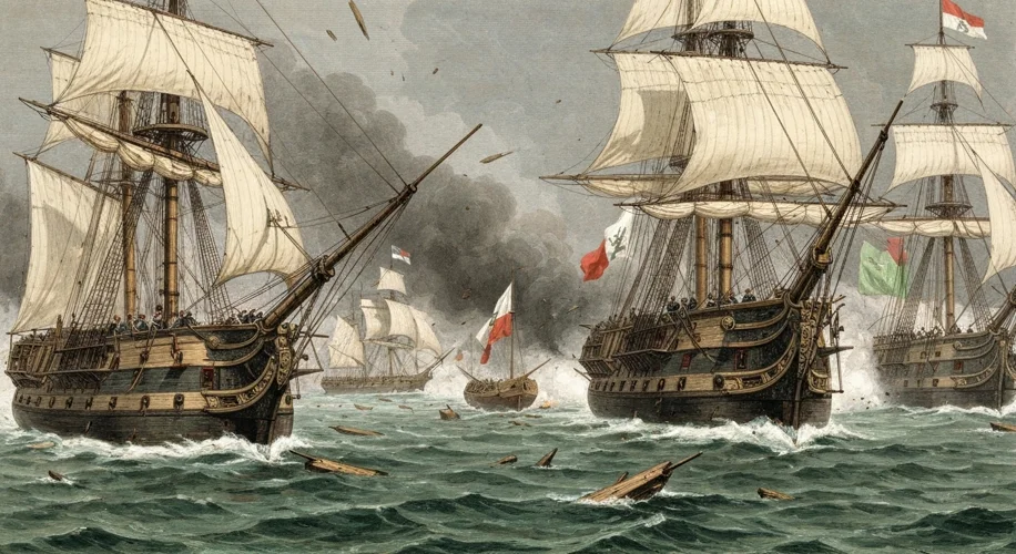 A 19th-century illustration depicting a naval battle between Russian and Persian ships on the Caspia