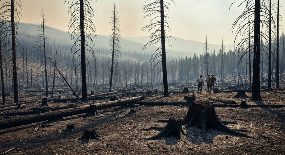 A landscape photo of a vast, burnt forest area in the Rocky Mountains, with blackened tree stumps an