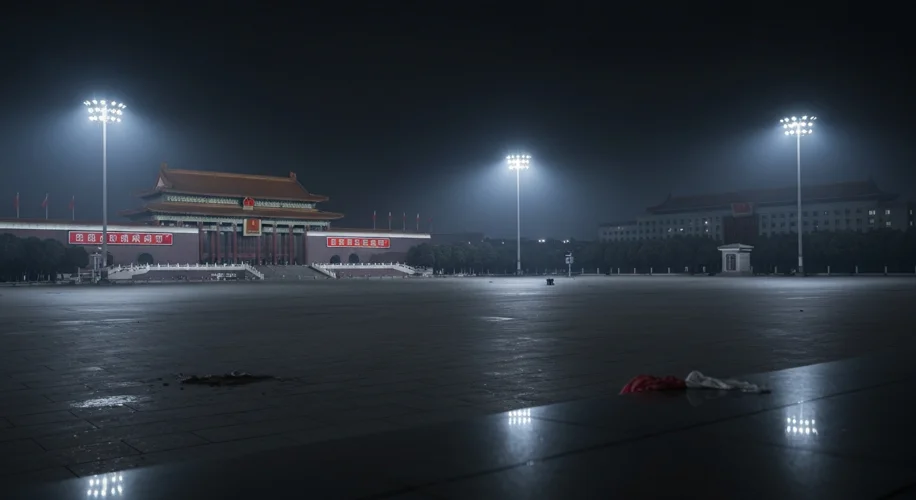 A somber, wide shot of an empty Tiananmen Square at night, illuminated by harsh floodlights. The vas