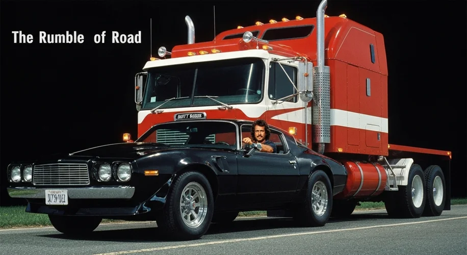 Burt Reynolds as The Bandit driving a black Trans Am, with a red and white 1977 Freightliner WFT 966