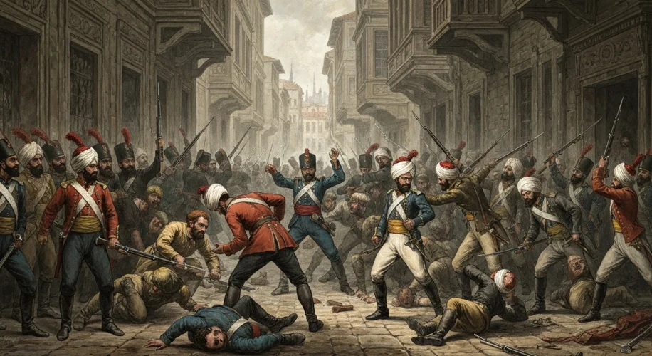A dramatic illustration depicting the violent disbandment of the Janissaries in 1826, with Ottoman s