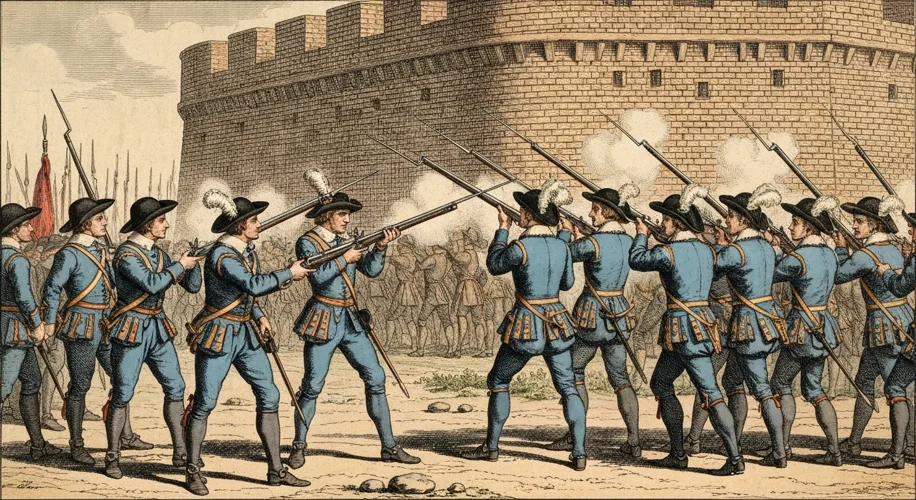 A detailed engraving showing Dutch soldiers in formation, meticulously performing drill movements wi