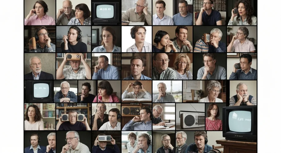 A montage of diverse people listening to radios and watching televisions, with the BBC logo subtly i