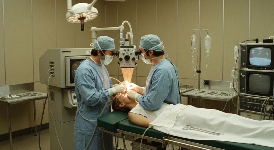 A surgeon in the 1970s performing a delicate eye surgery, using an early phacoemulsification device 