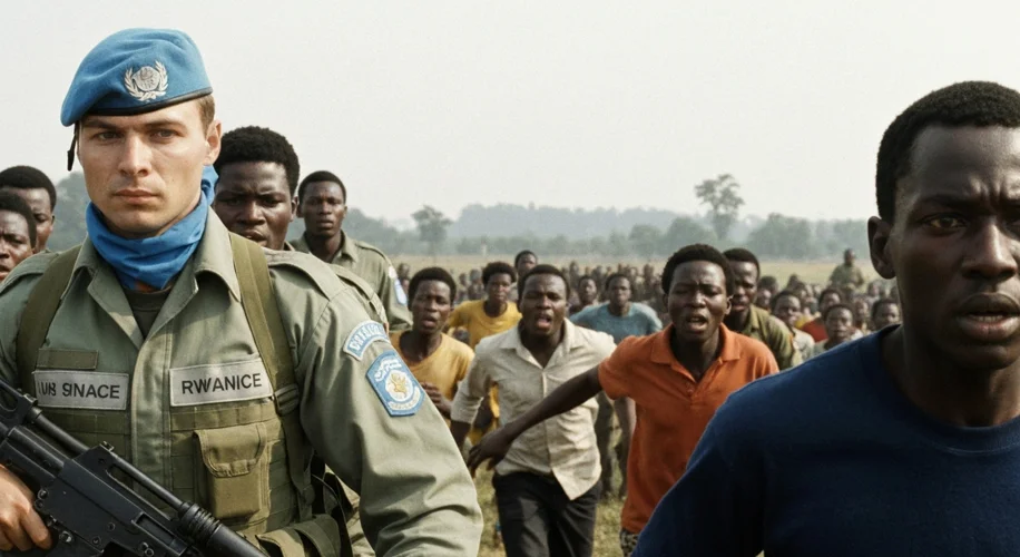 A poignant image depicting the Rwandan genocide, with UN peacekeepers looking on helplessly as civil