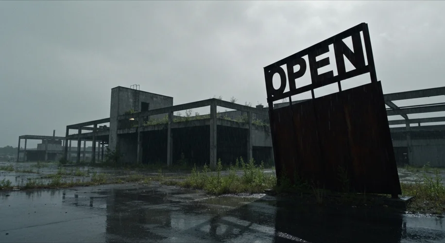 A somber view of a closed automotive factory in Detroit, with weeds growing through cracked pavement