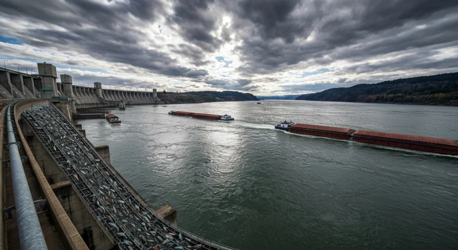 A panoramic view of the Bonneville Dam on the Columbia River, with visible fish ladders and barges n