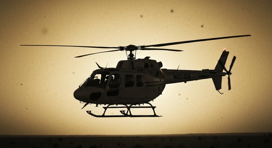 A shadowy helicopter silhouetted against a desert sky, hinting at the failed Operation Eagle Claw.