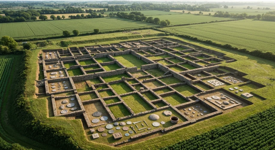 An aerial view of a meticulously excavated Roman villa complex with visible foundations, courtyards,