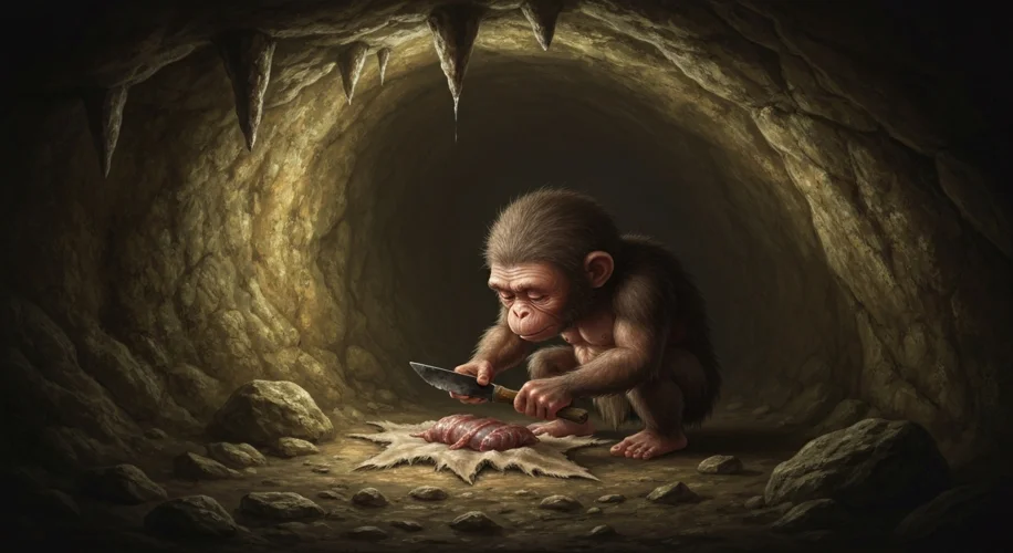 An illustration depicting a small, hobbit-like human ancestor using a stone tool to process food or 